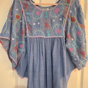 Colorful Chambray Embroidered Blouse Size M Cotton Tunic Lightweight